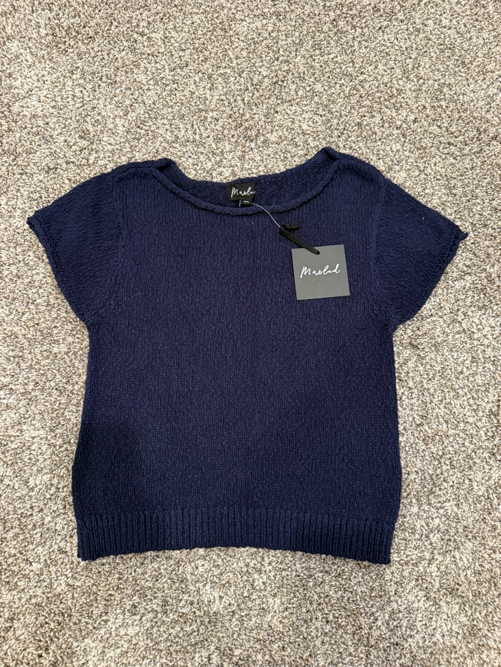 Marled Navy Short-Sleeve Knit Sweater
